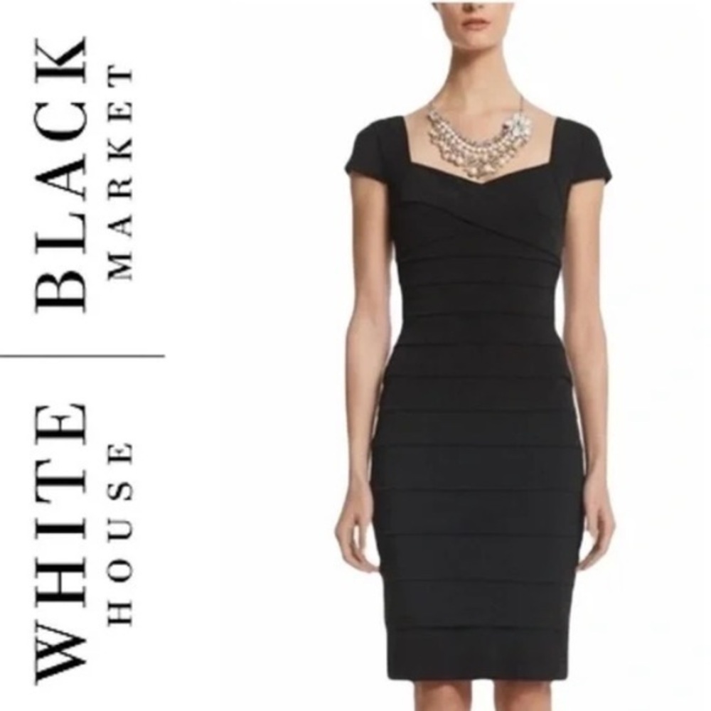 White House black market black shutter pleated slimming bandage dress